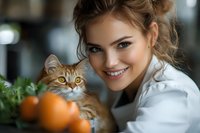 Young Caucasian woman in white shirt smiling while holding ginger cat at home. Fresh oranges and green plants create cozy atmosphere. Natural lighting adds warmth.