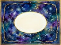 Watercolor galaxy frame with gold border and oval blank center, featuring stars and nebula in deep blue and purple tones for cosmic designs.