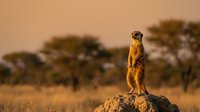 Meerkat standing alert on rock formation during golden hour sunset in African savanna with acacia trees in background.