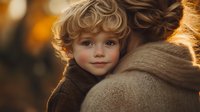 Young child with curly blonde hair and gentle smile embraces parent in warm autumn setting with golden bokeh background and cozy knit sweaters.