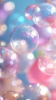 Magical soap bubbles floating in dreamy pink and blue atmosphere with sparkling bokeh lights and reflections creating ethereal mood for fantasy backgrounds.