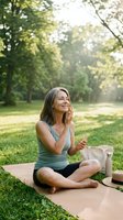 Woman in her forties of mixed ethnicity practicing yoga meditation outdoors on mat in park surrounded by green trees and natural sunlight, wellness and mindfulness lifestyle.