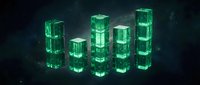 Glowing neon green crystal blocks arranged in ascending bar chart formation against dark starry background, representing data growth, financial analytics, and digital technology concepts.