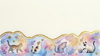 Watercolor cats border with gold frame on cream background featuring playful felines in pastel colors for scrapbooking and craft projects.