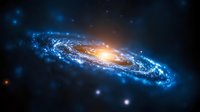 Spiral galaxy with bright glowing center and blue luminous arms swirling through dark space, stars scattered across cosmic background creating dramatic celestial view.