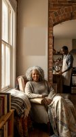 Happy senior African American woman relaxing in cozy armchair while husband cooks in rustic brick kitchen. Warm domestic lifestyle scene.