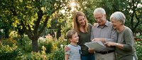 Happy multigenerational family reading book together in sunny garden park outdoors during golden hour creating precious memories and bonding moments.