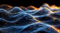 Abstract glowing blue and orange waves with sparkles on dark background, dynamic flowing light trails create futuristic technology visualization effect.