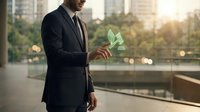 Professional businessman in dark suit holding cash money bills outdoors in urban city environment during golden hour sunset lighting for financial success.