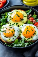 Healthy breakfast avocado toast topped with fried eggs, fresh herbs and arugula salad in cast iron skillet for nutritious morning meal preparation.