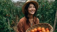 Young Asian woman farmer smiling while harvesting fresh red tomatoes in wicker basket at organic greenhouse farm during sunny day for sustainable agriculture.