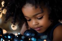 Young African American girl with natural curly hair gazing at sparkling blue Christmas ornament, surrounded by warm holiday lights creating magical bokeh effect.