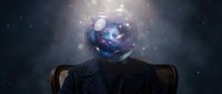Businessman with cosmic galaxy sphere head sitting in leather chair against starry space background for surreal conceptual designs and metaphorical artwork.