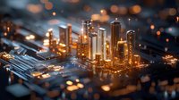 Glowing futuristic cityscape with illuminated skyscrapers on circuit board background, creative concept combining urban architecture and technology. Bokeh light effects.