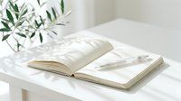Open notebook with blank pages and pen on white table with olive branch plant and natural sunlight, suitable for journaling, planning, and creative writing projects.