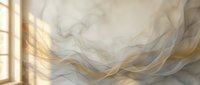 Flowing translucent fabric with golden light streaming through window creating ethereal waves and soft shadows in minimalist interior space.