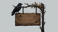 Dark crow perched on gnarled branch holding wooden sign suspended by chains, isolated on neutral background for design projects and creative compositions.