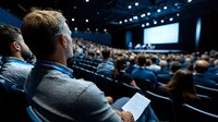 Large audience attending business conference or lecture in modern auditorium with blue lighting. Speaker presenting on stage with projection screen and attendees taking notes.