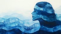 Artistic watercolor silhouette of woman's profile merging with flowing ocean waves in shades of blue, expressing harmony between human and nature. Dreamy abstract concept.
