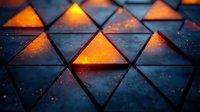 Glowing orange triangular shapes arranged in geometric pattern on dark surface with water droplets creating atmospheric mood lighting effect.
