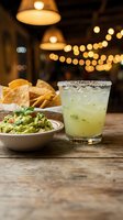 Refreshing lime cocktail with salt rim served at outdoor bar with guacamole, tortilla chips, and warm string lights creating ambient evening atmosphere for restaurant or hospitality marketing.