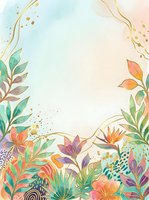 Watercolor floral border frame with tropical leaves, colorful flowers, and gold accents on pastel background with copy space.