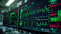 Medical monitoring screens showing vital signs and patient data in intensive care unit with green and red displays tracking health parameters.