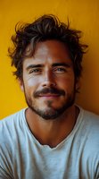 Portrait of smiling Hispanic man with messy dark hair and beard against vibrant yellow background. Natural genuine expression and casual white t-shirt create authentic mood.