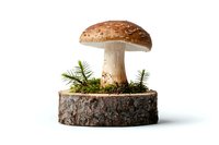 Large brown mushroom with spotted cap on wooden tree slice base surrounded by moss and pine needles, isolated on white background.