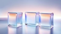Glass cubes with soft pastel gradient reflections on smooth surface against ethereal background, creating minimalist composition with light refraction effects.