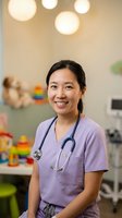 Young Asian female pediatrician wearing purple scrubs and stethoscope, smiling in modern clinic with warm lighting and toys, suitable for healthcare, medical, and childcare industry content.