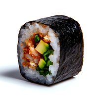 Fresh sushi roll with spicy tuna, avocado and green onion wrapped in nori seaweed and white rice, close-up on white background with soft shadow.