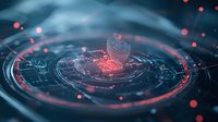 Futuristic digital interface with glowing red circles and holographic elements on dark background, showcasing advanced technology visualization for cybersecurity concepts.