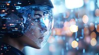 Young Asian woman with futuristic digital interface projection on face against blurred city lights background showcasing advanced technology and artificial intelligence concept.