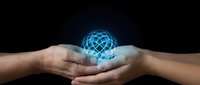 Hands holding glowing blue digital globe sphere with network connections representing global technology, internet connectivity and digital transformation.