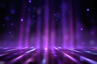 Purple neon light beams rising from reflective surface with glowing particles and bokeh effects creating futuristic abstract background for technology designs.