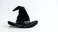 Black witch hat with buckle detail isolated on white background, ready for Halloween designs, costumes, and seasonal marketing materials.