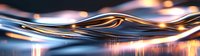 Flowing liquid metal waves with golden light reflections create dynamic abstract panoramic composition against dark background with bokeh effects.