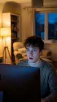 Young Caucasian man with dark curly hair wearing gray sweater working on laptop at night in modern living room with warm lighting and blue evening sky visible through windows.