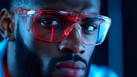African American male scientist wearing protective safety glasses illuminated by dramatic red and blue lighting in research laboratory environment.