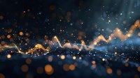 Abstract digital wave with golden and blue particles floating in dark space, creating dynamic motion effect for technology or data visualization background.