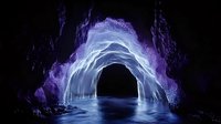 Mystical glowing cave arch with luminescent blue and purple light reflecting on dark water surface creates ethereal underground landscape.