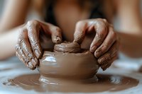 African American artisan's hands shaping wet clay on pottery wheel, close-up view showing detailed process of handcrafting ceramic vessel in earthy brown tones.