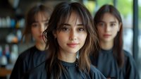 Young woman with tousled brown hair and natural makeup in salon with two stylists in background, showcasing modern beauty trends.