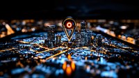 Glowing location pin icon over blurred night cityscape with illuminated streets and skyscrapers, representing digital navigation and smart city concept.