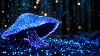 Glowing blue mushroom in dark forest with magical sparkles and bokeh lights creating mystical atmosphere. Fantasy nature concept for enchanted woodland scenes.