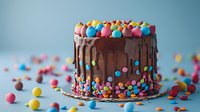 Chocolate drip cake decorated with colorful candy balls and sprinkles on blue background. Festive birthday dessert with dark ganache and rainbow confectionery toppings.