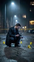 Detective investigates crime scene at night with evidence markers and flashlight on urban street under atmospheric lighting.