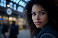 Young African American woman with natural curly hair at train station, contemplative expression, wearing dark coat. Soft evening lighting creates moody atmosphere.