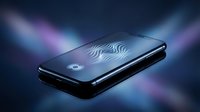 Black smartphone with wireless charging symbol on screen, surrounded by glowing blue and purple light rays, isolated on dark background for technology and mobile device concepts.